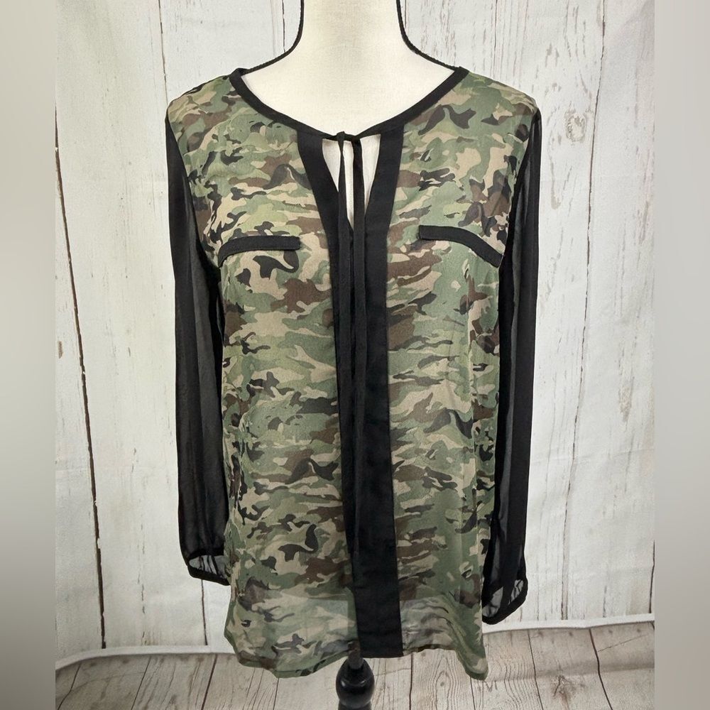 A.N.A Camouflage Semi Sheer Blouse Tunic Longsleeve Tie Neckline
